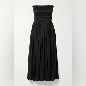 Michael Kors Collection XL- Strapless Shirred Faux Leather/Silk-crepe Midi Dress